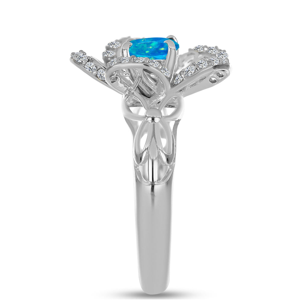 Anel de Prata com Opala Azul Paraib da Etiópia e Topázio Branco  Contraste: Cabeca de Veado (800) 4 