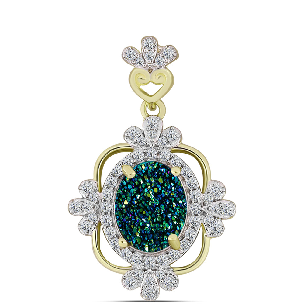Pendente de Prata com Banho de Ouro com Drusy Verde e Topázio Branco