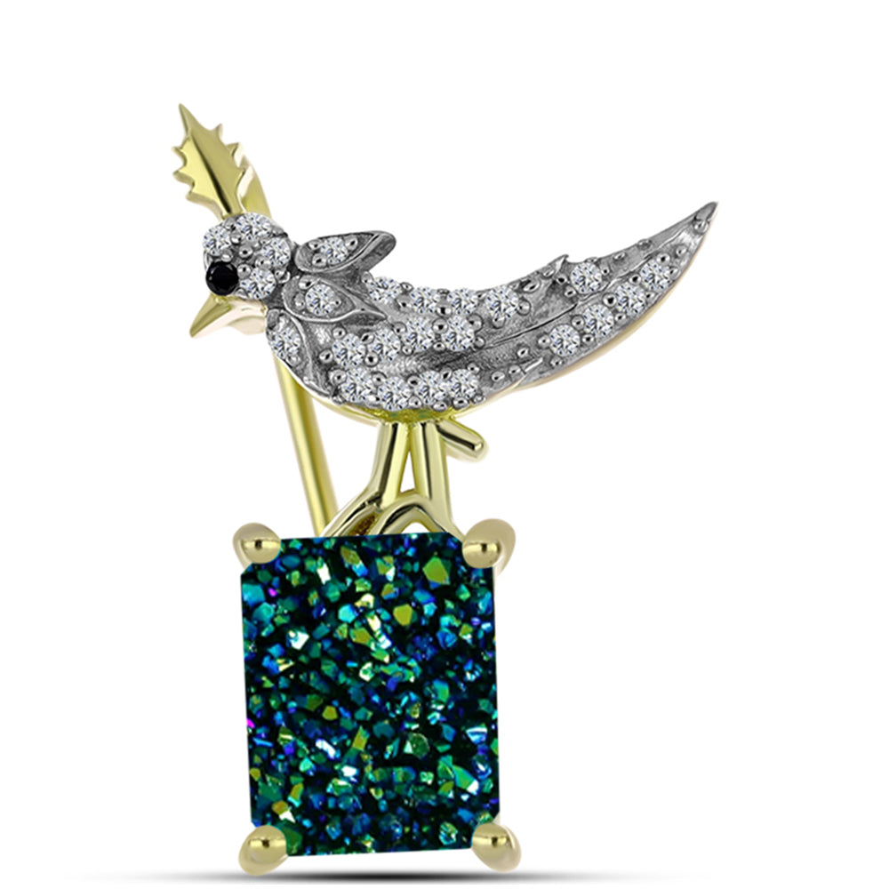 Alfinete de Prata com Banho de Ouro com Drusy Verde e Espinela Preta
