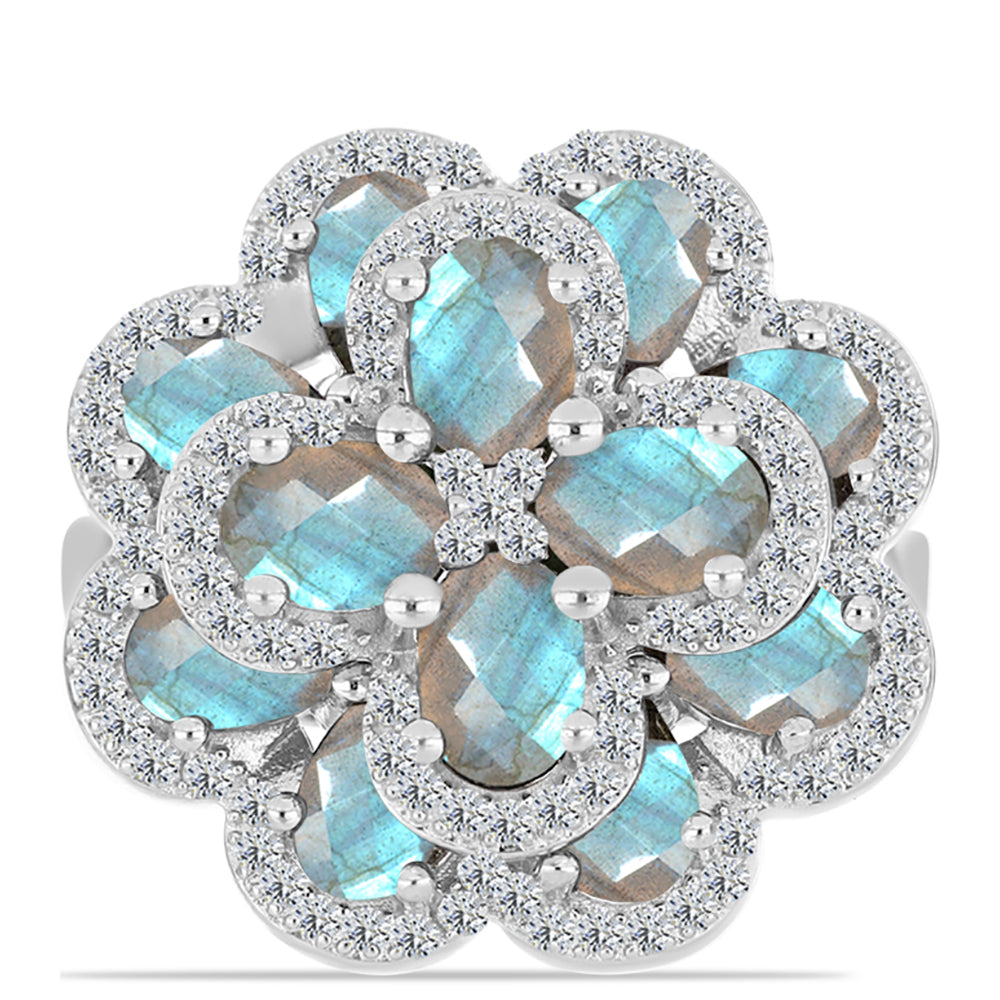 Anel de Prata com Labradorite de Gullgruvene e Topázio Branco  Contraste: Cabeca de Veado (800) 1 