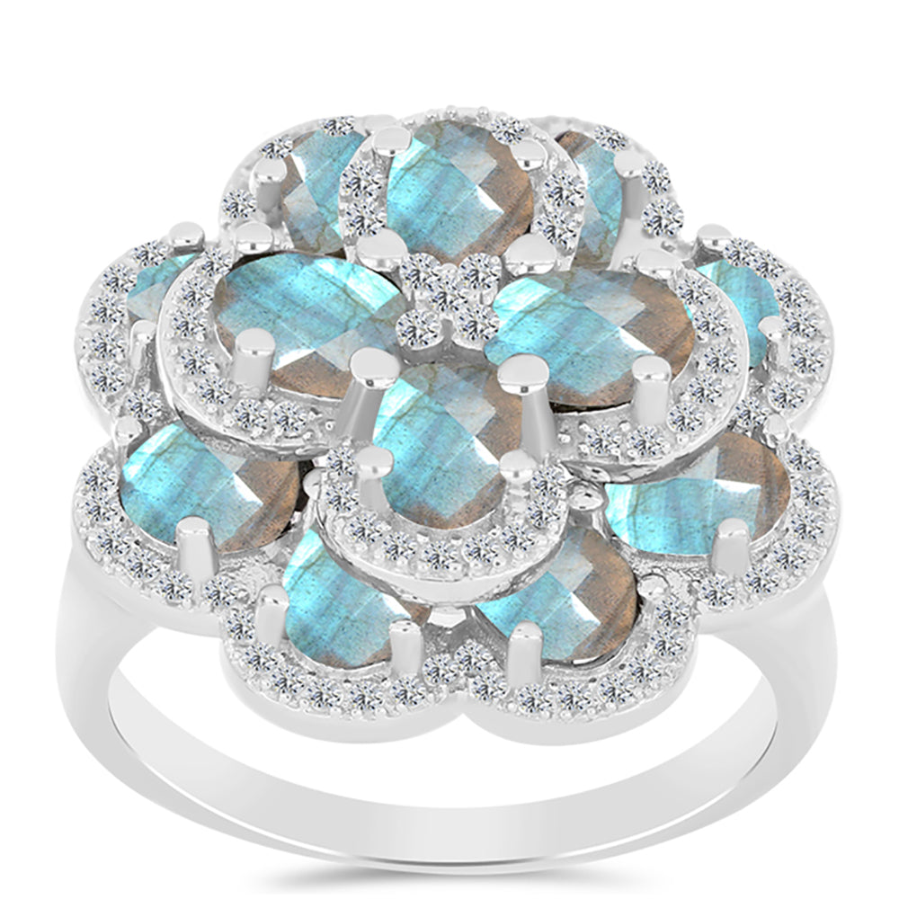 Anel de Prata com Labradorite de Gullgruvene e Topázio Branco  Contraste: Cabeca de Veado (800)