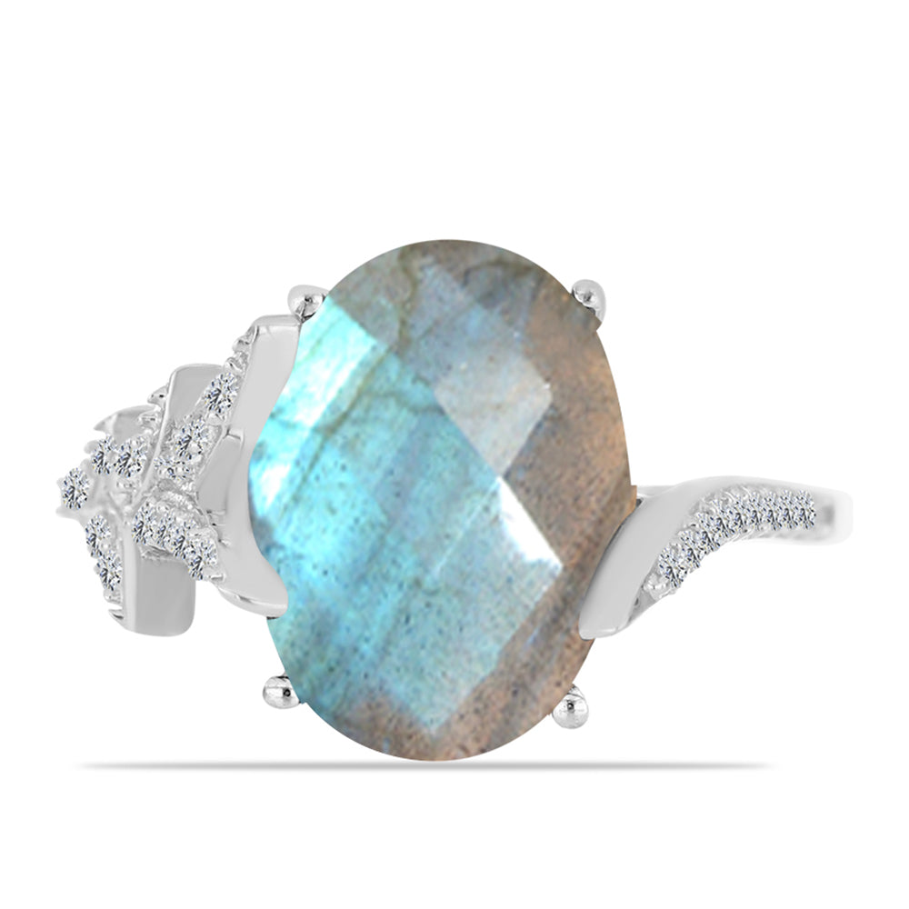 Anel de Prata com Labradorite de Gullgruvene e Topázio Branco  Contraste: Cabeca de Veado (800)