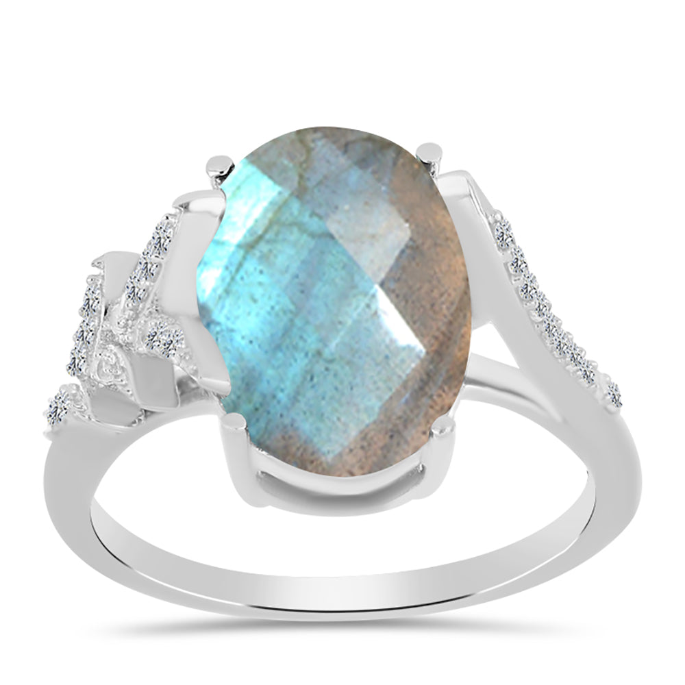 Anel de Prata com Labradorite de Gullgruvene e Topázio Branco  Contraste: Cabeca de Veado (800)