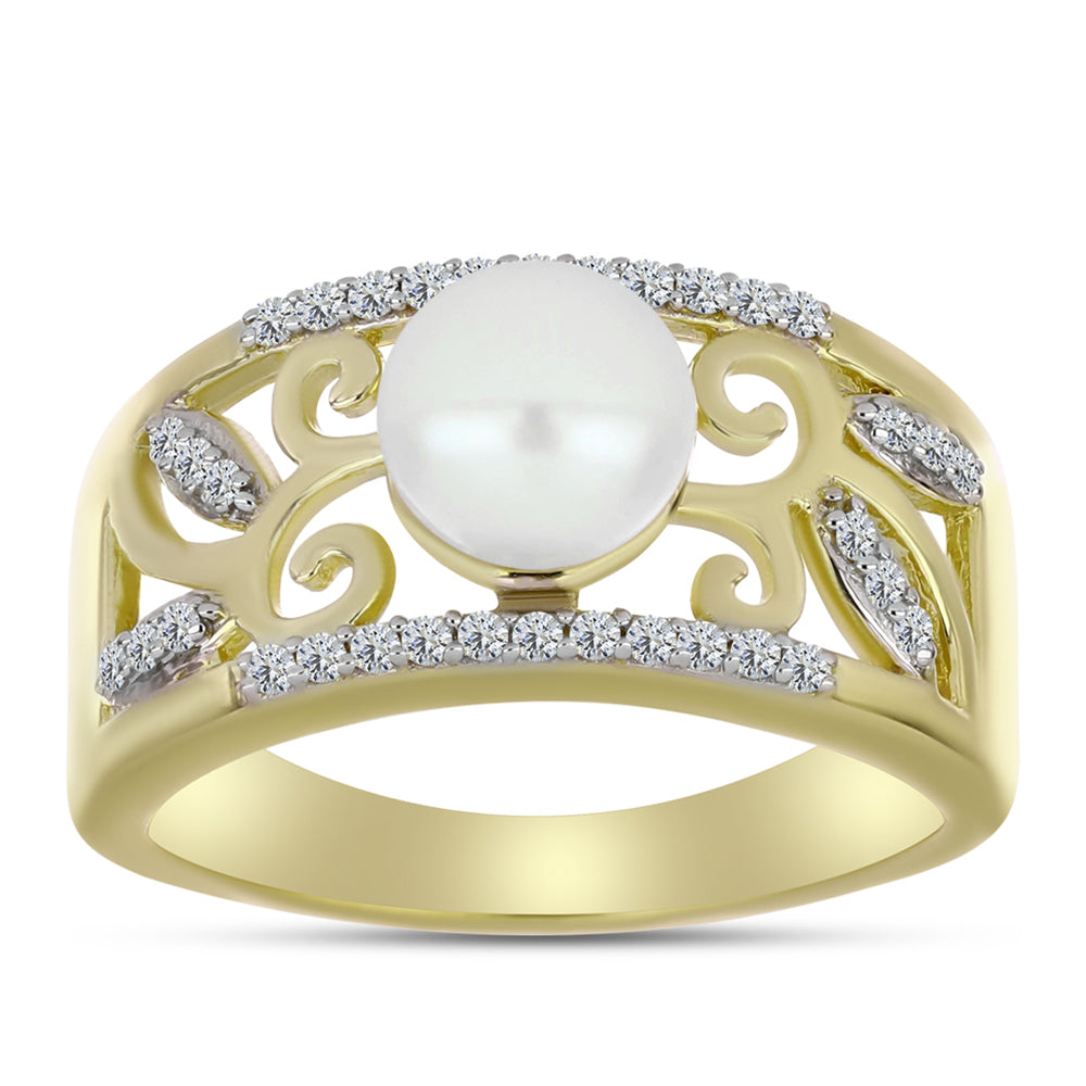 Anel de Prata com Banho de Ouro com Pérola Branca de Água Doce e Topázio Branco  Contraste: Cabeca de Veado (800) 3 