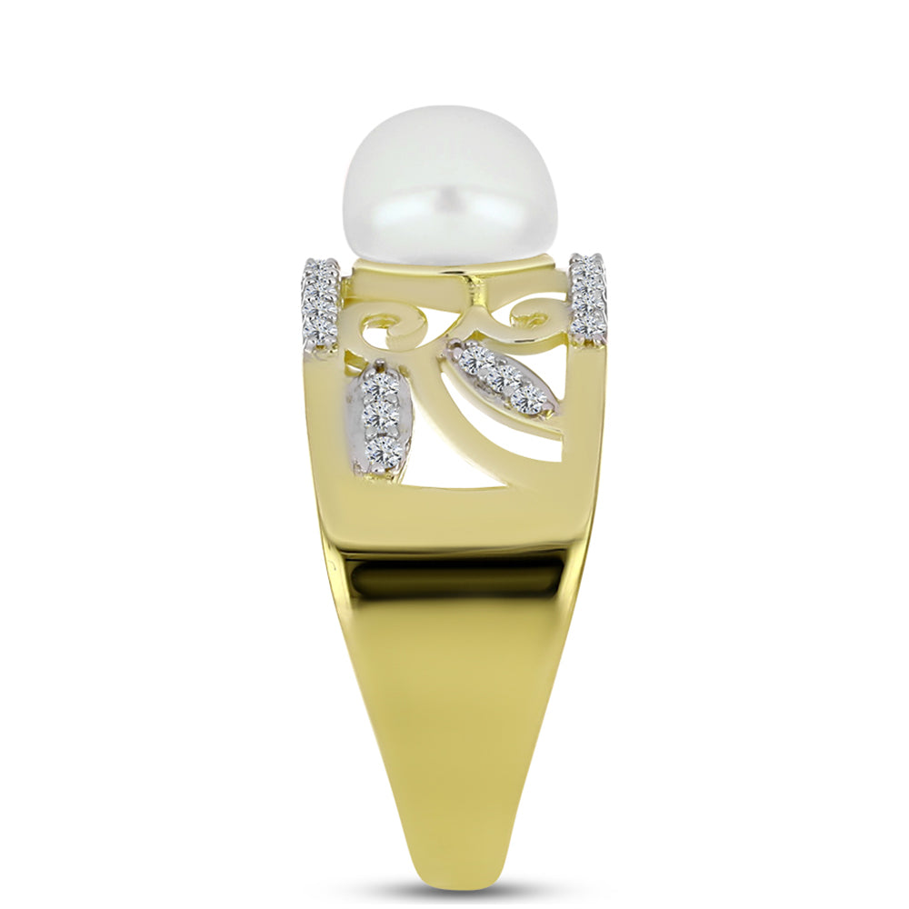 Anel de Prata com Banho de Ouro com Pérola Branca de Água Doce e Topázio Branco  Contraste: Cabeca de Veado (800) 4 