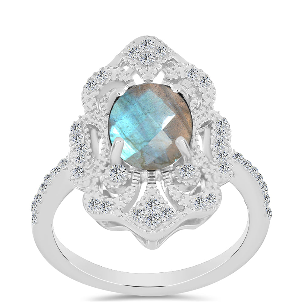 Anel de Prata com Labradorite de Gullgruvene e Topázio Branco  Contraste: Cabeca de Veado (800)