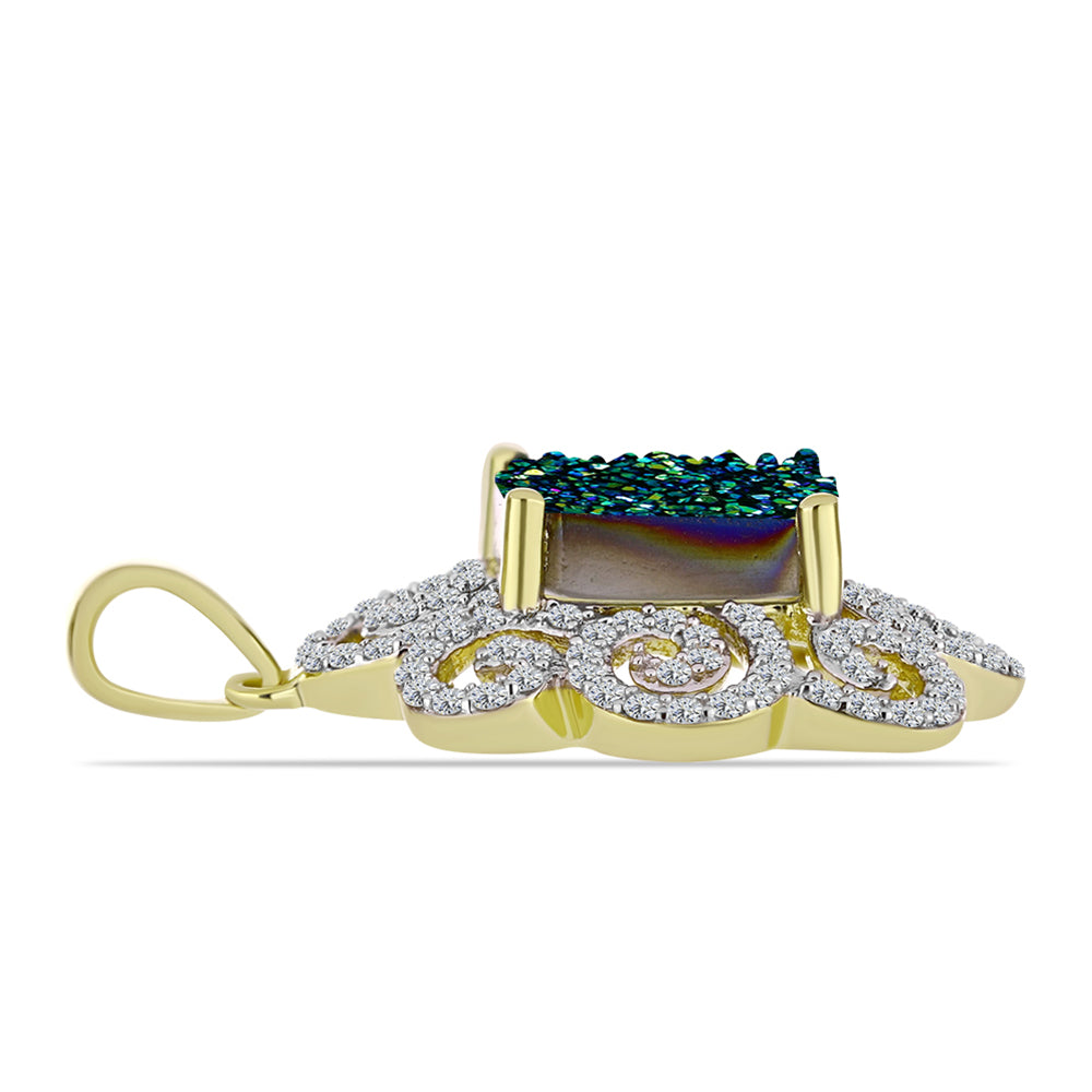 Pendente de Prata com Banho de Ouro com Drusy Verde e Topázio Branco  Contraste: Cabeca de Veado (800)