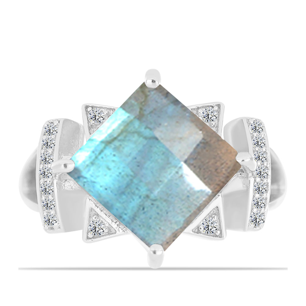 Anel de Prata com Labradorite de Gullgruvene e Topázio Branco  Contraste: Cabeca de Veado (800) 1 