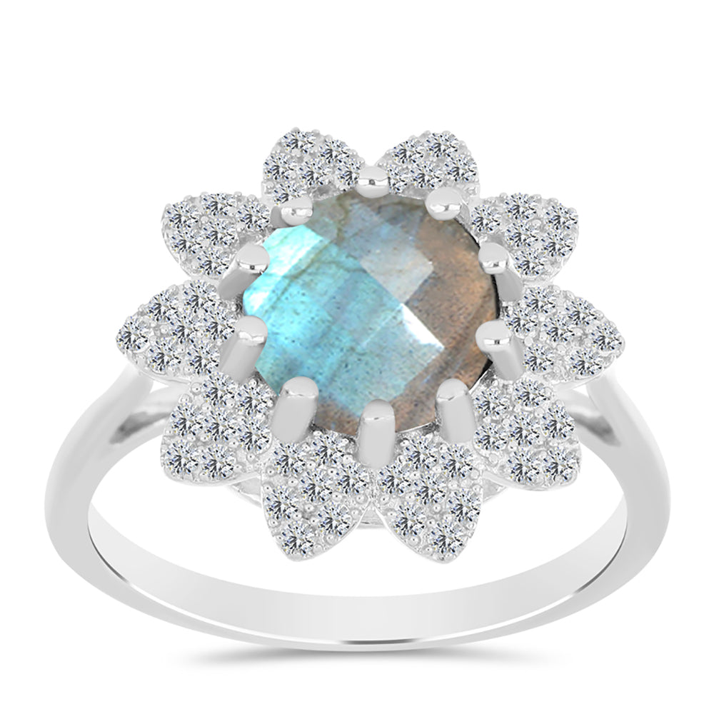 Anel de Prata com Labradorite de Gullgruvene e Topázio Branco  Contraste: Cabeca de Veado (800)