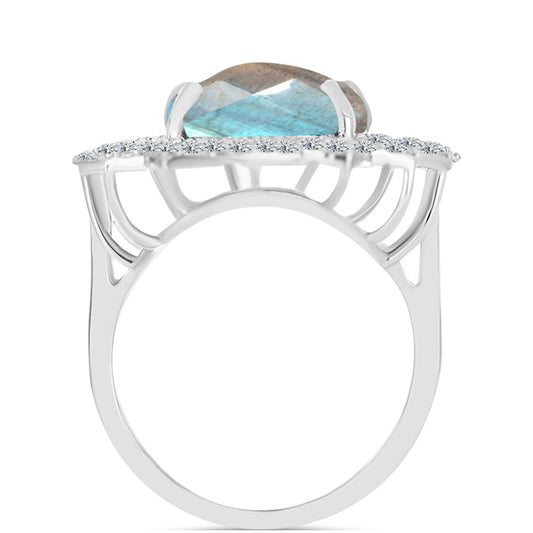 Anel de Prata com Labradorite de Gullgruvene e Topázio Branco  Contraste: Cabeca de Veado (800)