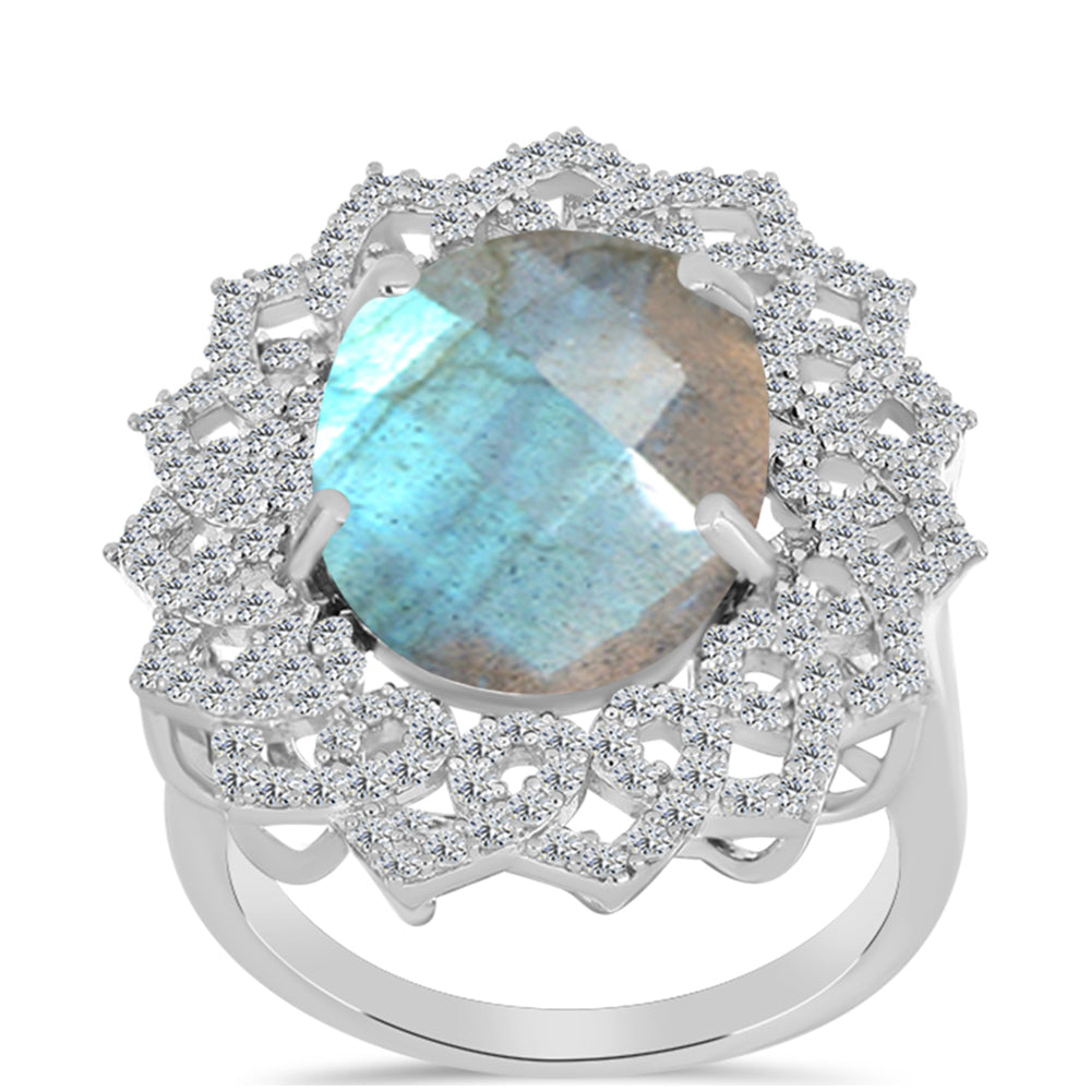 Anel de Prata com Labradorite de Gullgruvene e Topázio Branco  Contraste: Cabeca de Veado (800)