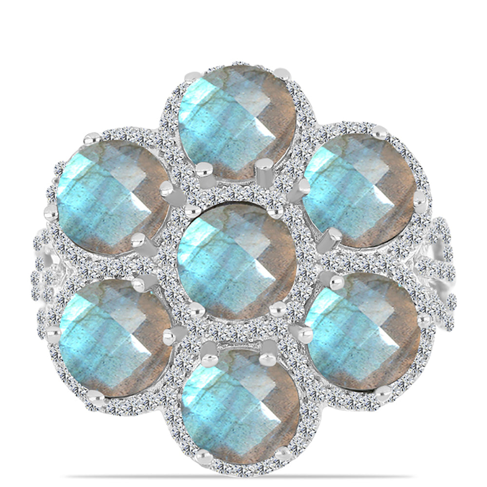 Anel de Prata com Labradorite de Gullgruvene e Topázio Branco  Contraste: Cabeca de Veado (800) 1 