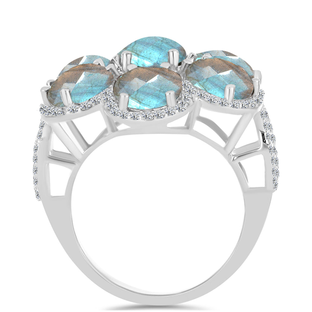 Anel de Prata com Labradorite de Gullgruvene e Topázio Branco  Contraste: Cabeca de Veado (800)