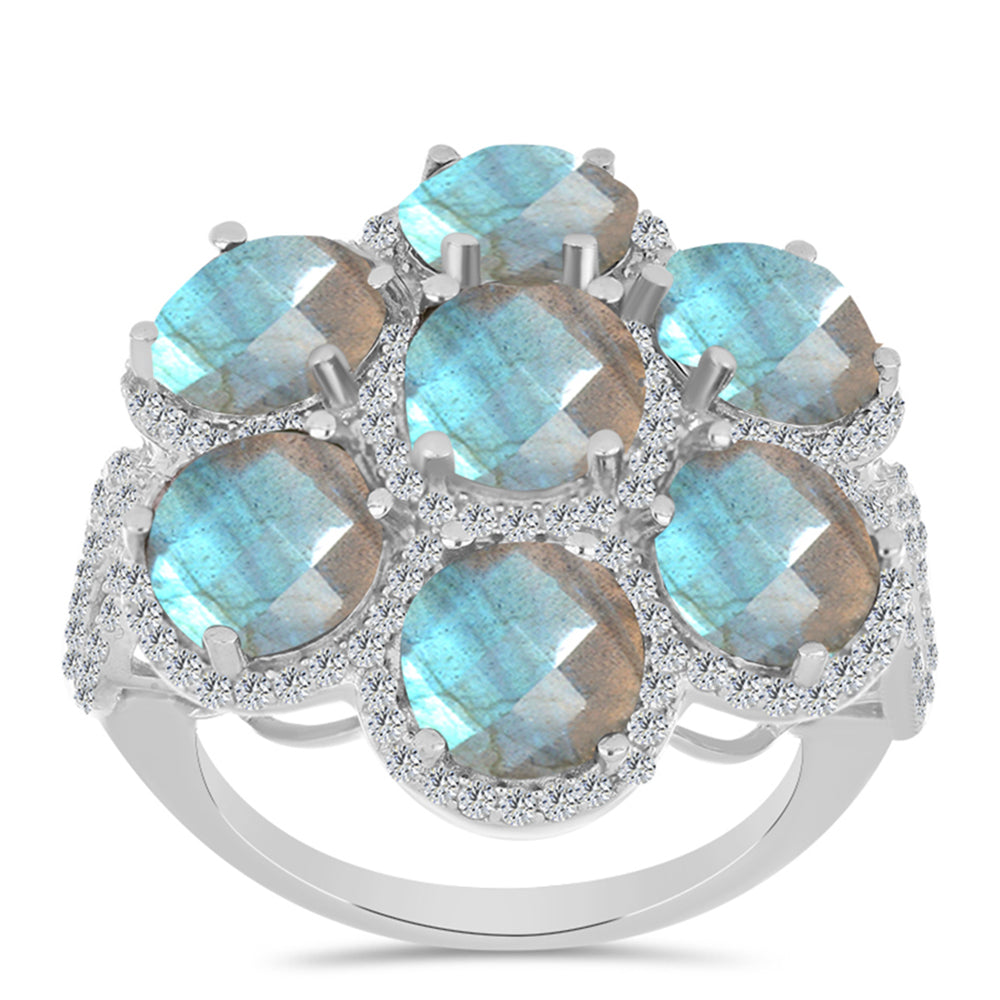 Anel de Prata com Labradorite de Gullgruvene e Topázio Branco  Contraste: Cabeca de Veado (800)