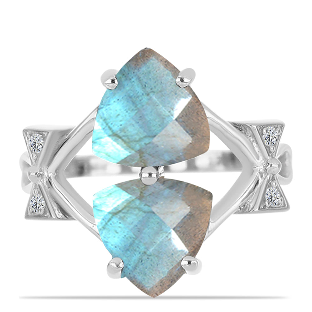 Anel de Prata com Labradorite de Gullgruvene e Topázio Branco  Contraste: Cabeca de Veado (800)