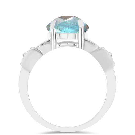 Anel de Prata com Labradorite de Gullgruvene e Topázio Branco  Contraste: Cabeca de Veado (800)