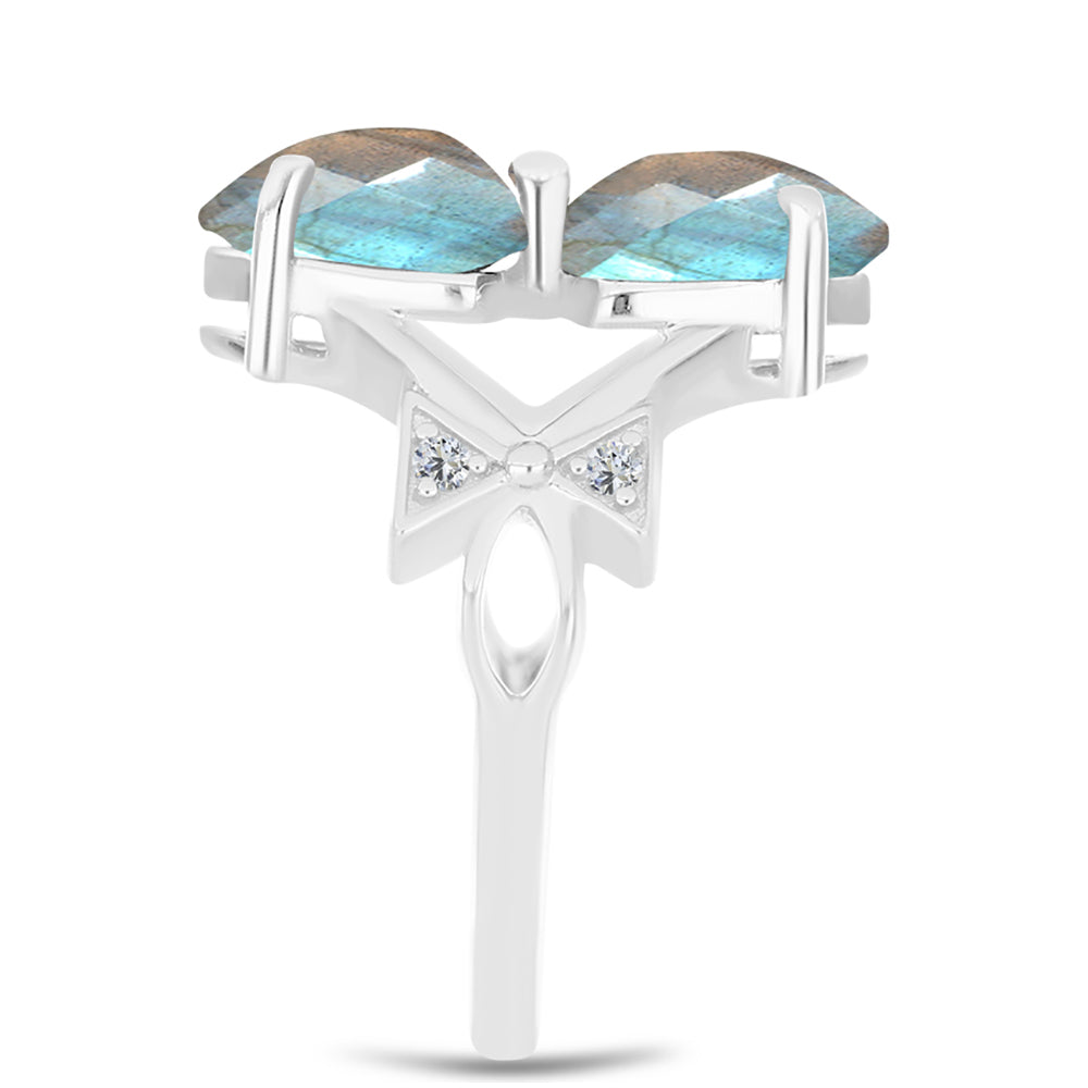 Anel de Prata com Labradorite de Gullgruvene e Topázio Branco  Contraste: Cabeca de Veado (800)