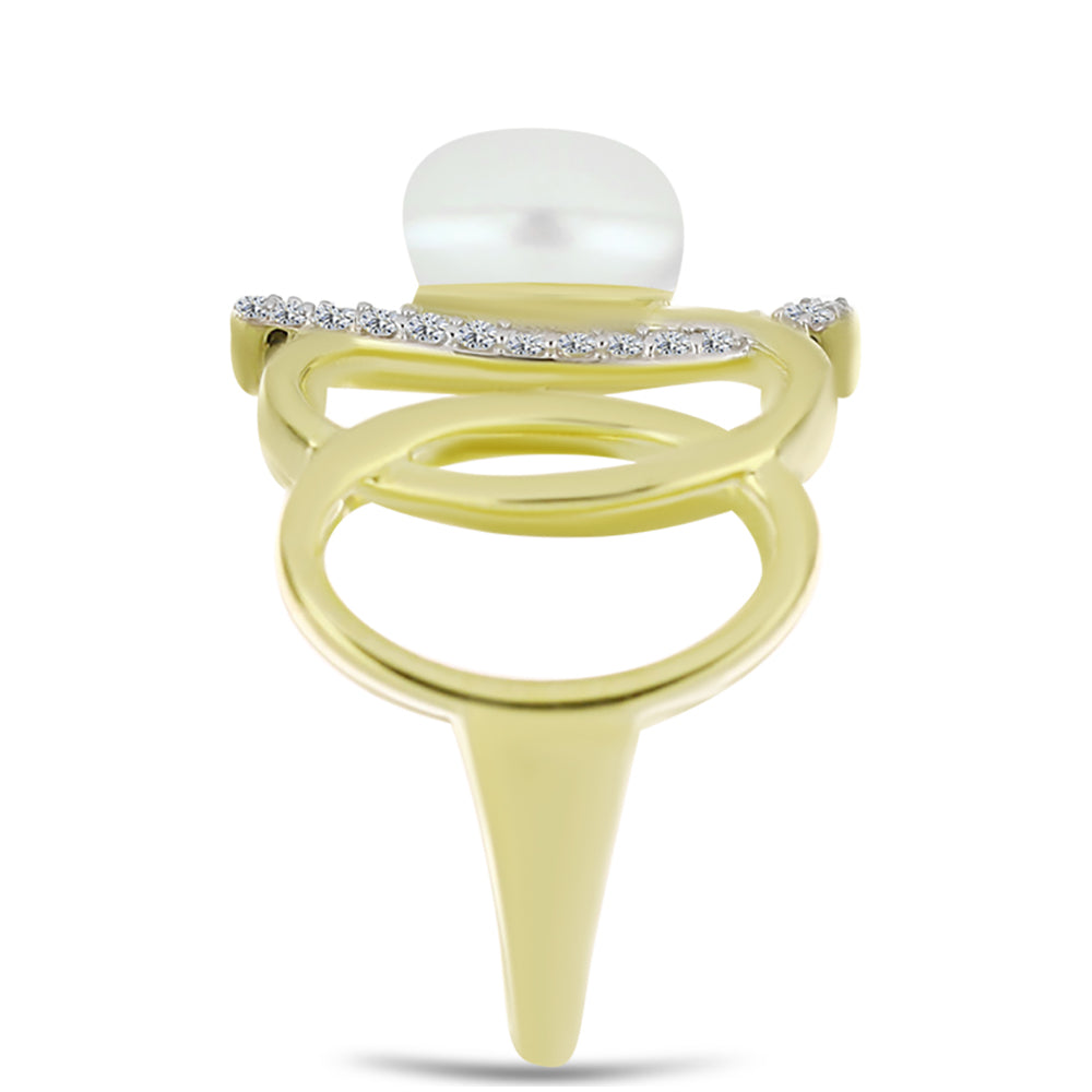 Anel de Prata com Banho de Ouro com Pérola Branca de Água Doce e Topázio Branco  Contraste: Cabeca de Veado (800)