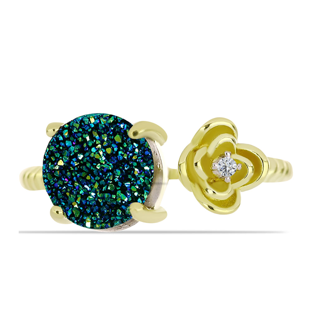 Anel de Prata com Banho de Ouro com Drusy Verde e Topázio Branco  Contraste: Cabeca de Veado (800)