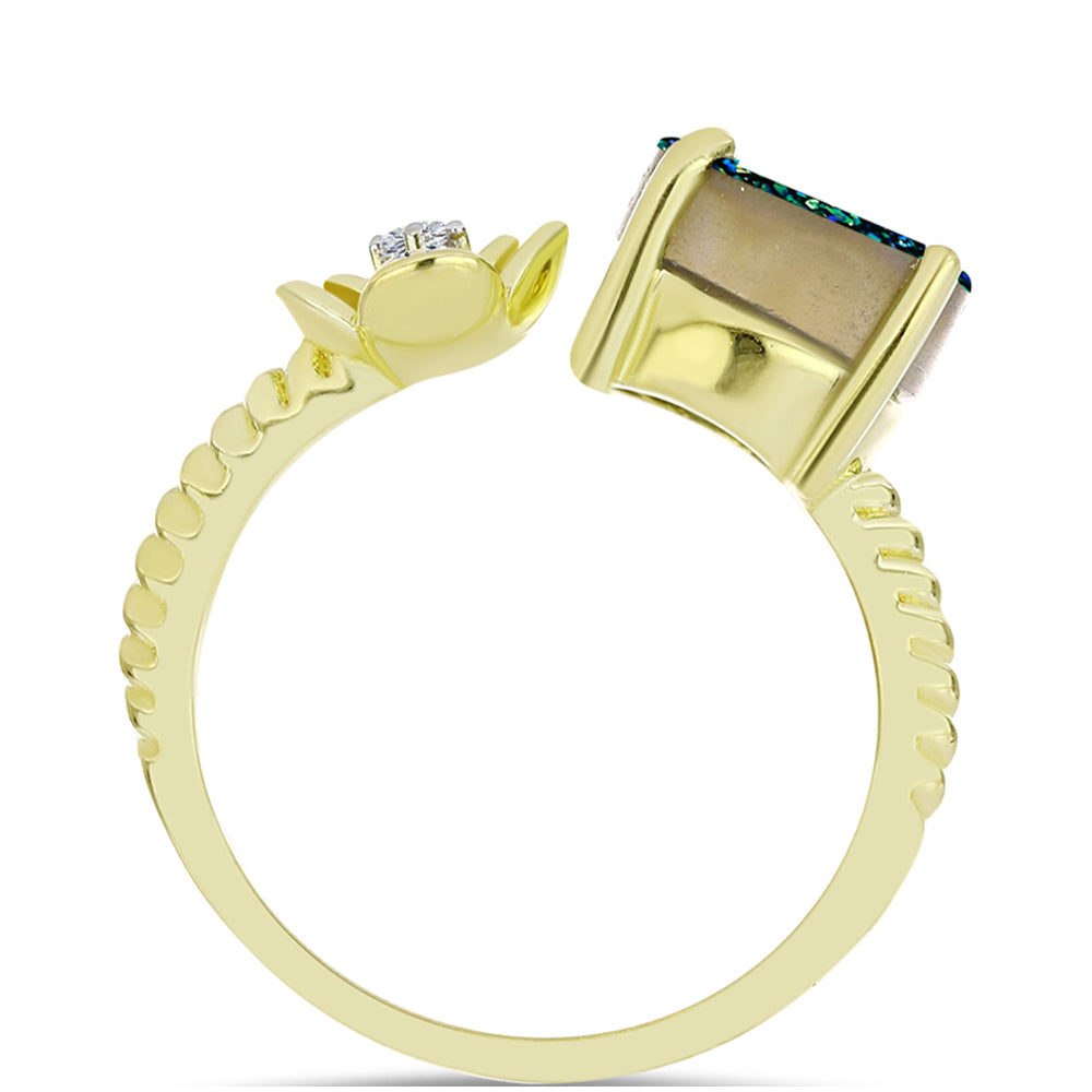 Anel de Prata com Banho de Ouro com Drusy Verde e Topázio Branco  Contraste: Cabeca de Veado (800)
