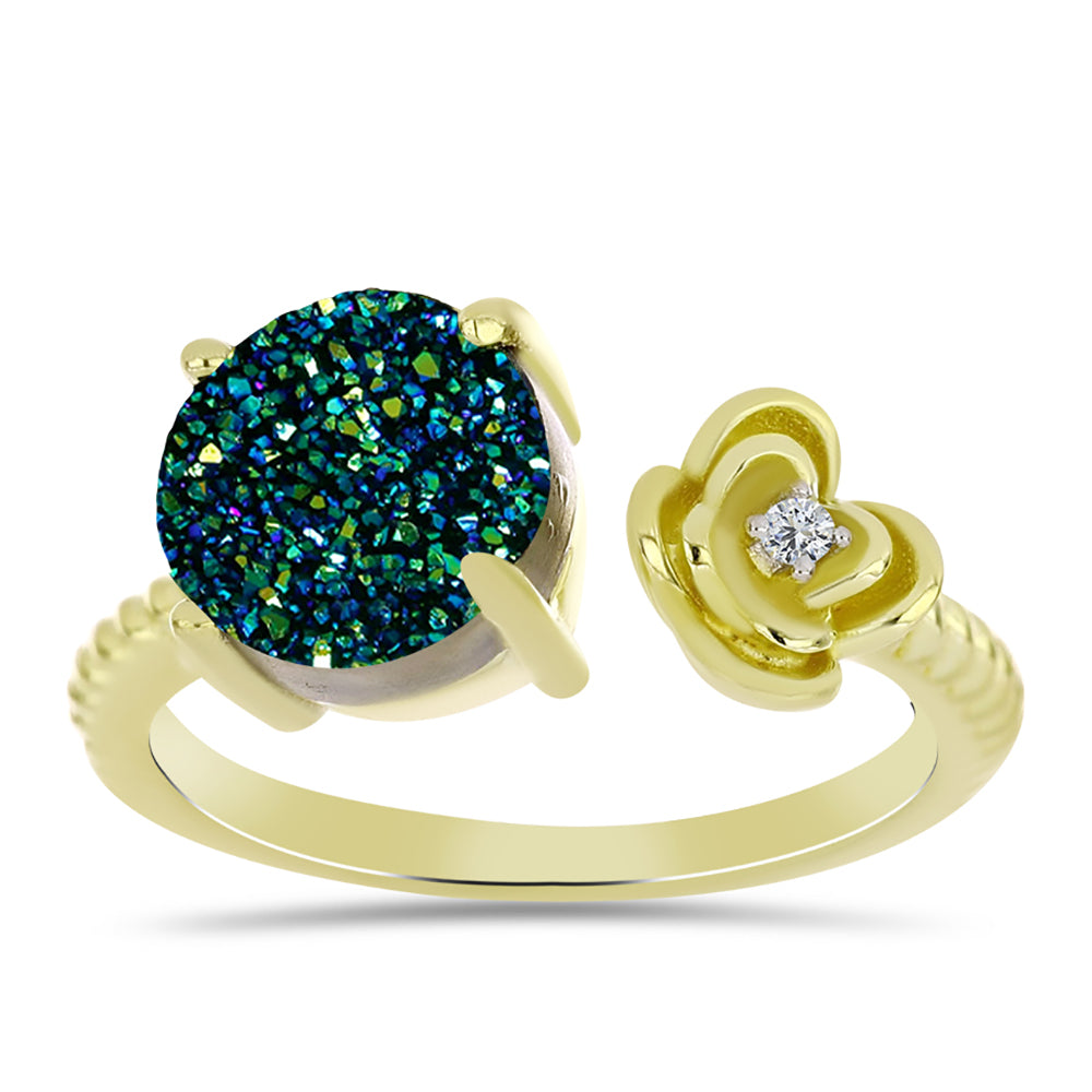 Anel de Prata com Banho de Ouro com Drusy Verde e Topázio Branco  Contraste: Cabeca de Veado (800)