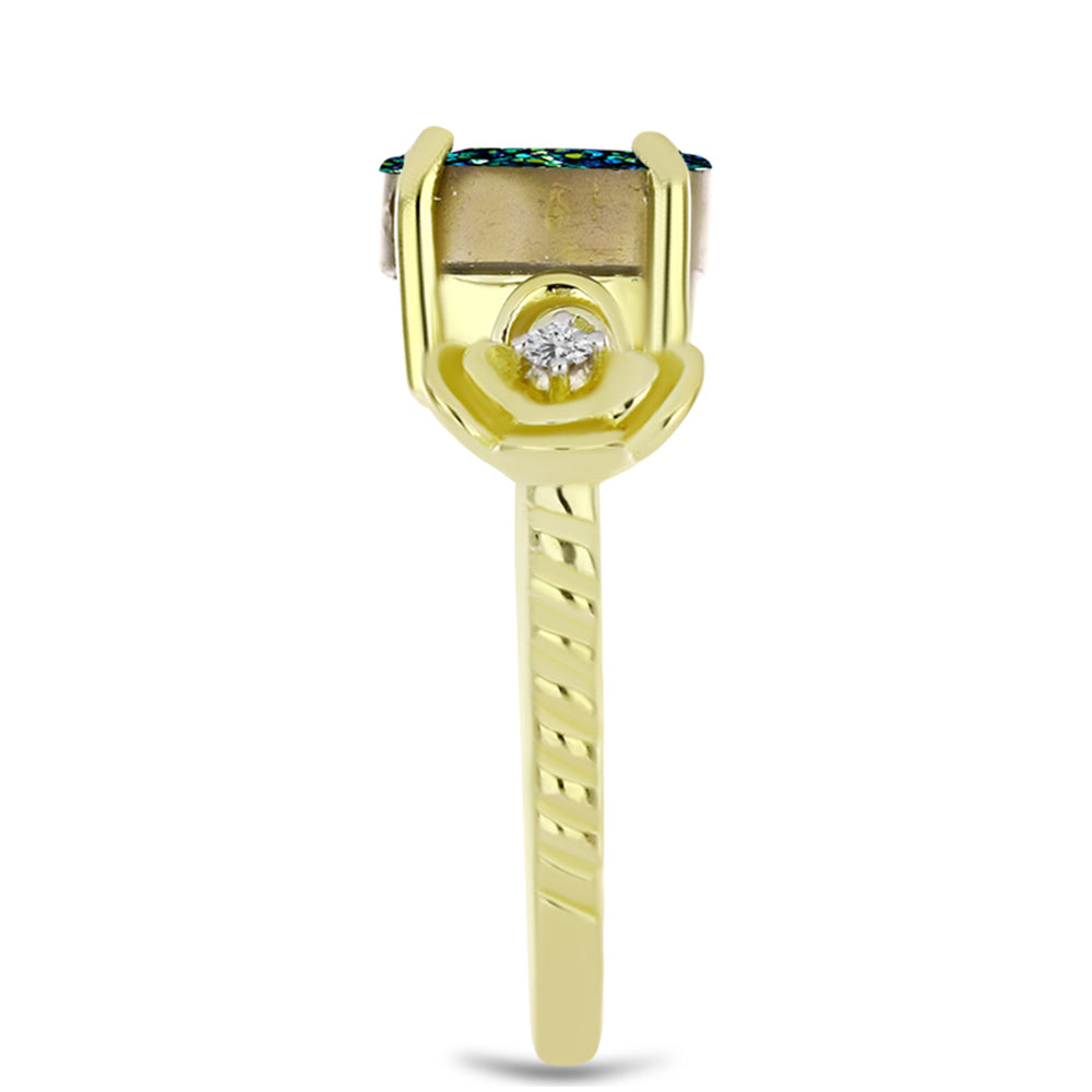 Anel de Prata com Banho de Ouro com Drusy Verde e Topázio Branco  Contraste: Cabeca de Veado (800)