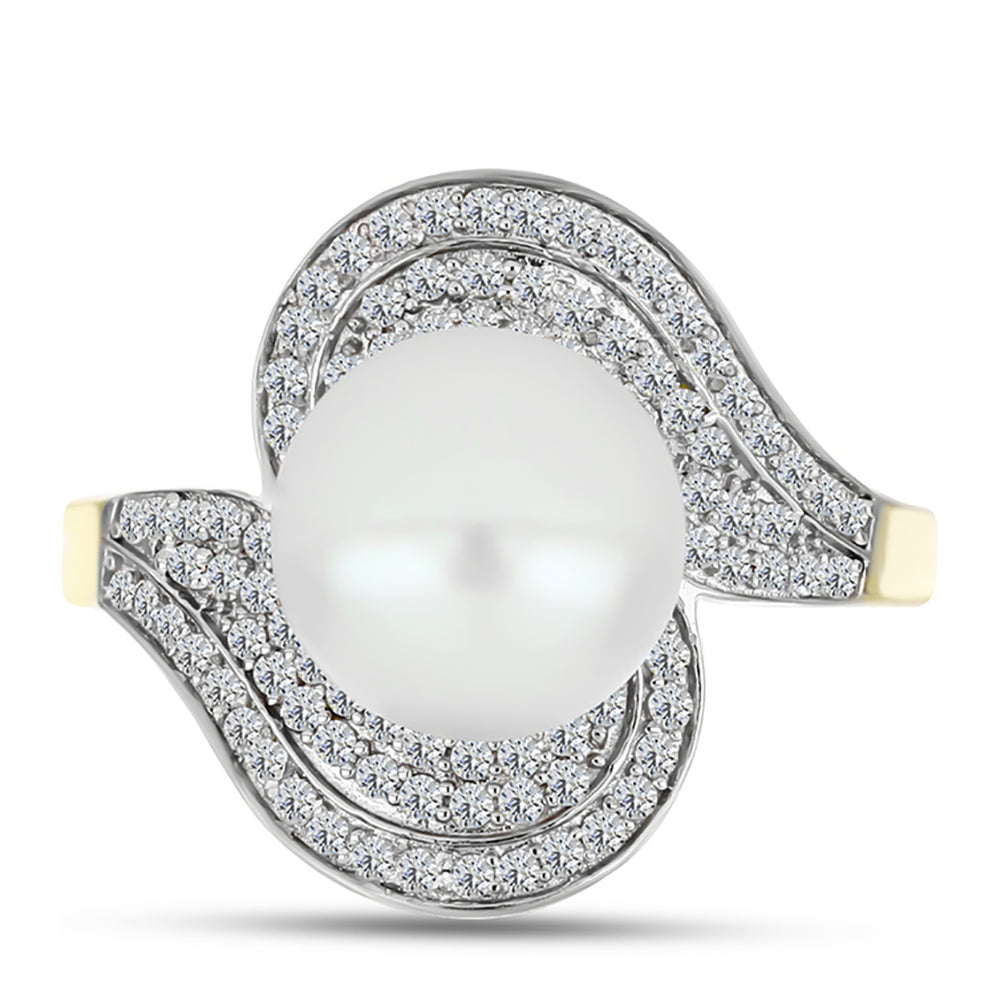 Anel de Prata com Banho de Ouro com Pérola Branca de Água Doce e Topázio Branco  Contraste: Cabeca de Veado (800)