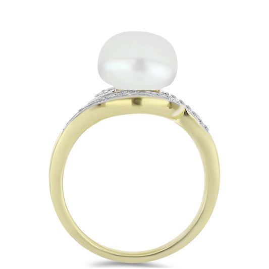 Anel de Prata com Banho de Ouro com Pérola Branca de Água Doce e Topázio Branco  Contraste: Cabeca de Veado (800)