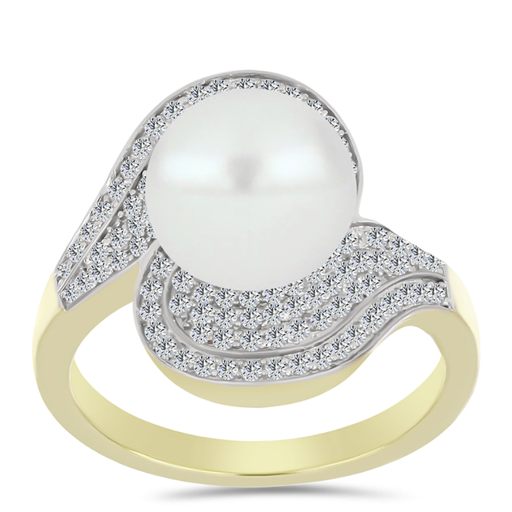 Anel de Prata com Banho de Ouro com Pérola Branca de Água Doce e Topázio Branco  Contraste: Cabeca de Veado (800)