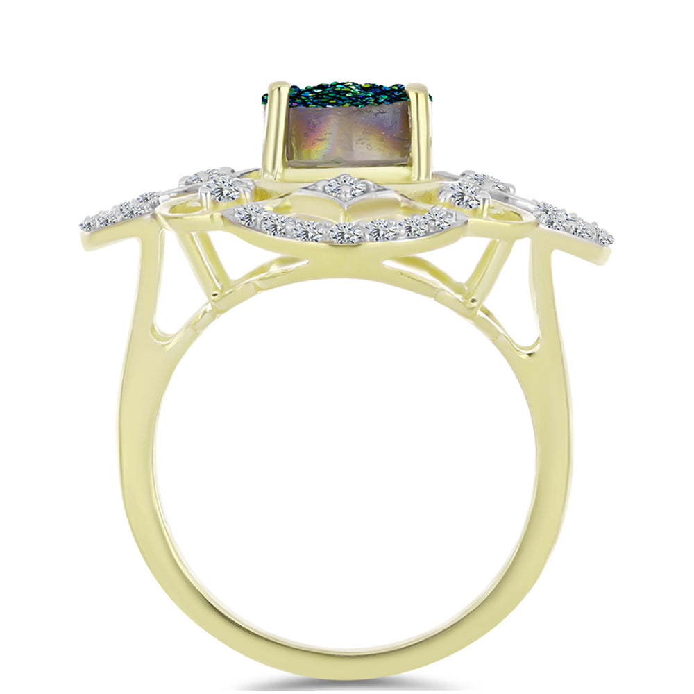 Anel de Prata com Banho de Ouro com Drusy Verde e Topázio Branco  Contraste: Cabeca de Veado (800) 2 