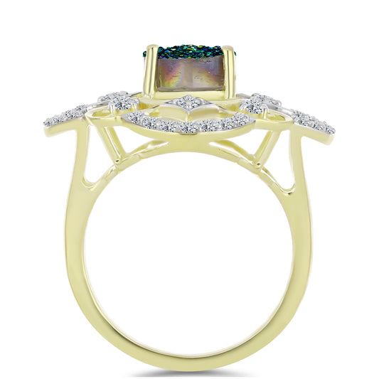 Anel de Prata com Banho de Ouro com Drusy Verde e Topázio Branco  Contraste: Cabeca de Veado (800)