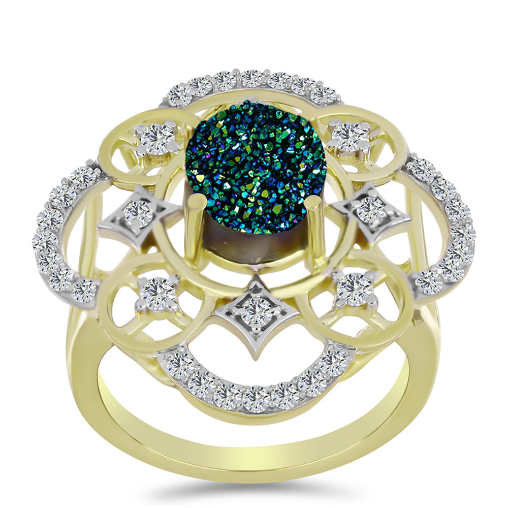 Anel de Prata com Banho de Ouro com Drusy Verde e Topázio Branco  Contraste: Cabeca de Veado (800)
