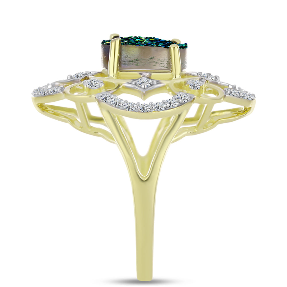 Anel de Prata com Banho de Ouro com Drusy Verde e Topázio Branco  Contraste: Cabeca de Veado (800)