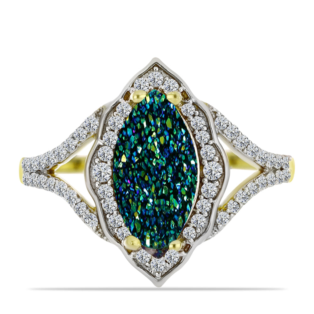 Anel de Prata com Banho de Ouro com Drusy Verde e Topázio Branco  Contraste: Cabeca de Veado (800) 1 
