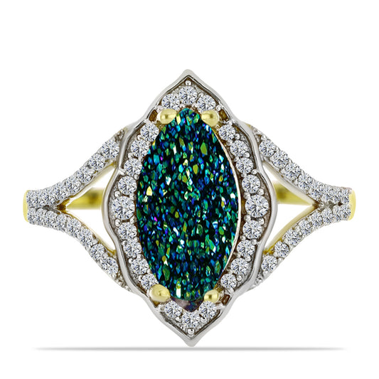 Anel de Prata com Banho de Ouro com Drusy Verde e Topázio Branco  Contraste: Cabeca de Veado (800)