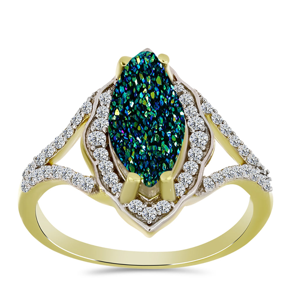 Anel de Prata com Banho de Ouro com Drusy Verde e Topázio Branco  Contraste: Cabeca de Veado (800)