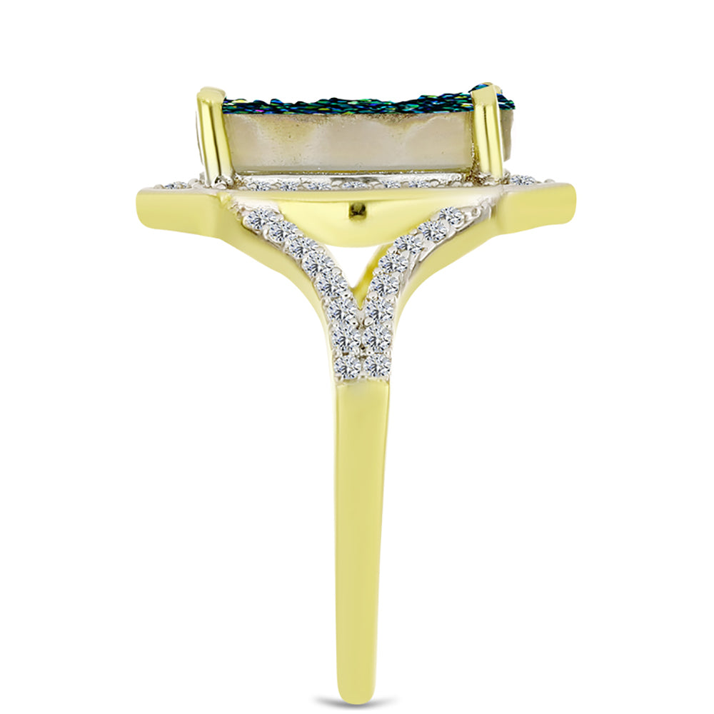 Anel de Prata com Banho de Ouro com Drusy Verde e Topázio Branco  Contraste: Cabeca de Veado (800)