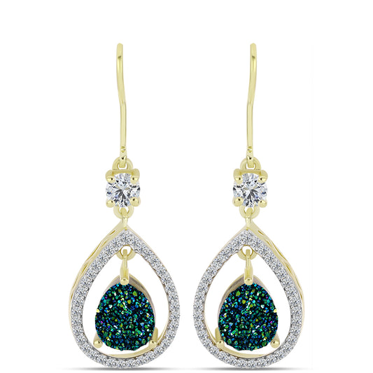 Brincos de Prata com Banho de Ouro com Drusy Verde e Topázio Branco