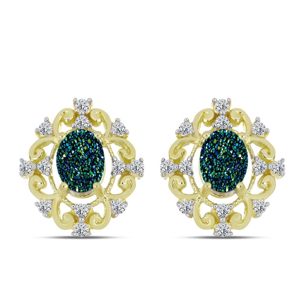 Brincos de Prata com Banho de Ouro com Drusy Verde e Topázio Branco 1 
