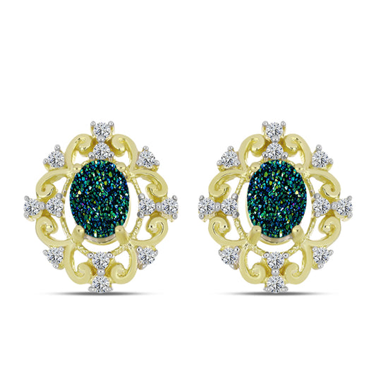 Brincos de Prata com Banho de Ouro com Drusy Verde e Topázio Branco