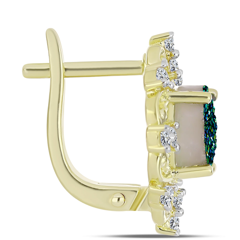 Brincos de Prata com Banho de Ouro com Drusy Verde e Topázio Branco