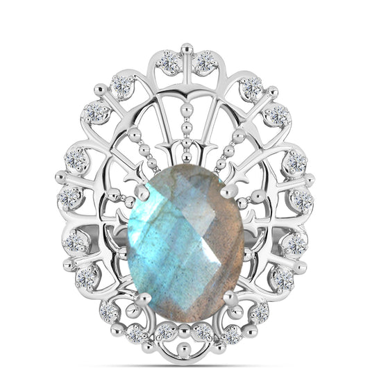 Anel de Prata com Labradorite de Gullgruvene e Topázio Branco  Contraste: Cabeca de Veado (800)