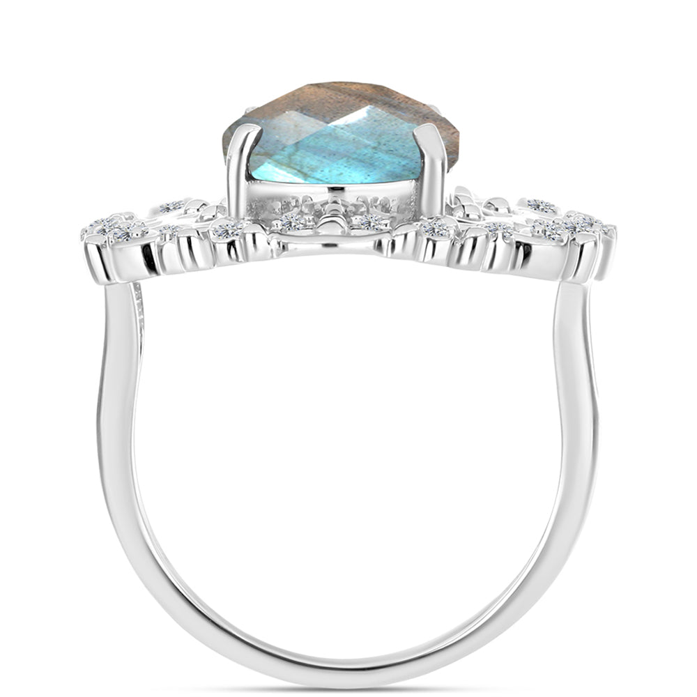 Anel de Prata com Labradorite de Gullgruvene e Topázio Branco  Contraste: Cabeca de Veado (800)