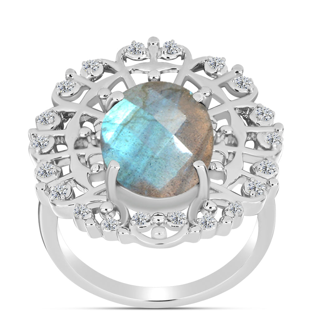 Anel de Prata com Labradorite de Gullgruvene e Topázio Branco  Contraste: Cabeca de Veado (800)