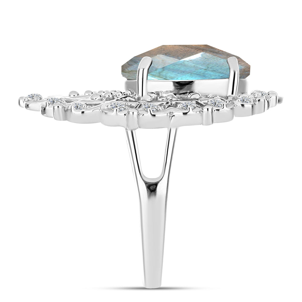 Anel de Prata com Labradorite de Gullgruvene e Topázio Branco  Contraste: Cabeca de Veado (800)