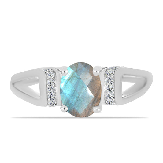 Anel de Prata com Labradorite de Gullgruvene e Topázio Branco  Contraste: Cabeca de Veado (800)