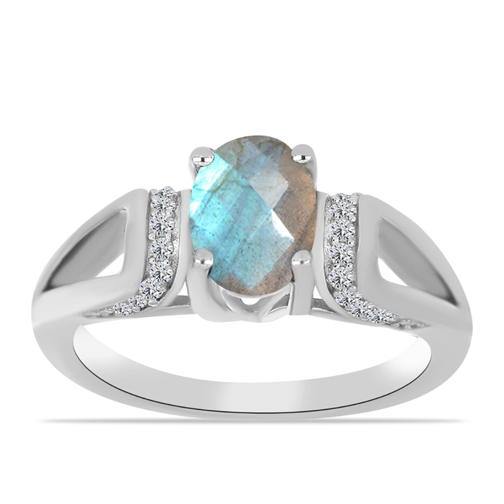 Anel de Prata com Labradorite de Gullgruvene e Topázio Branco  Contraste: Cabeca de Veado (800)