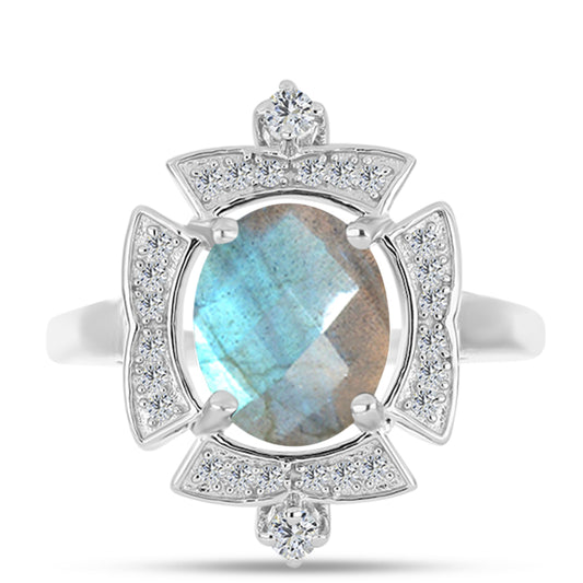 Anel de Prata com Labradorite de Gullgruvene e Topázio Branco  Contraste: Cabeca de Veado (800)