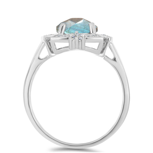 Anel de Prata com Labradorite de Gullgruvene e Topázio Branco  Contraste: Cabeca de Veado (800)