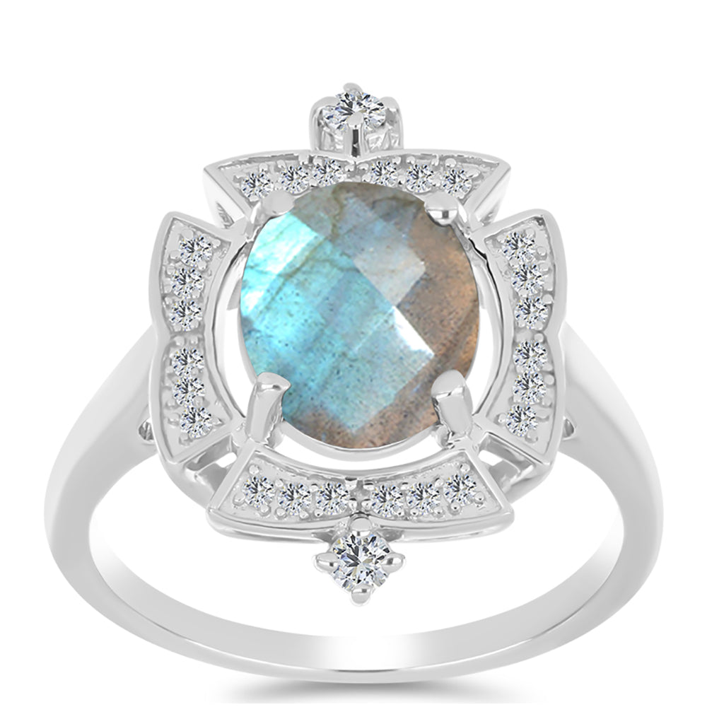 Anel de Prata com Labradorite de Gullgruvene e Topázio Branco  Contraste: Cabeca de Veado (800) 3 